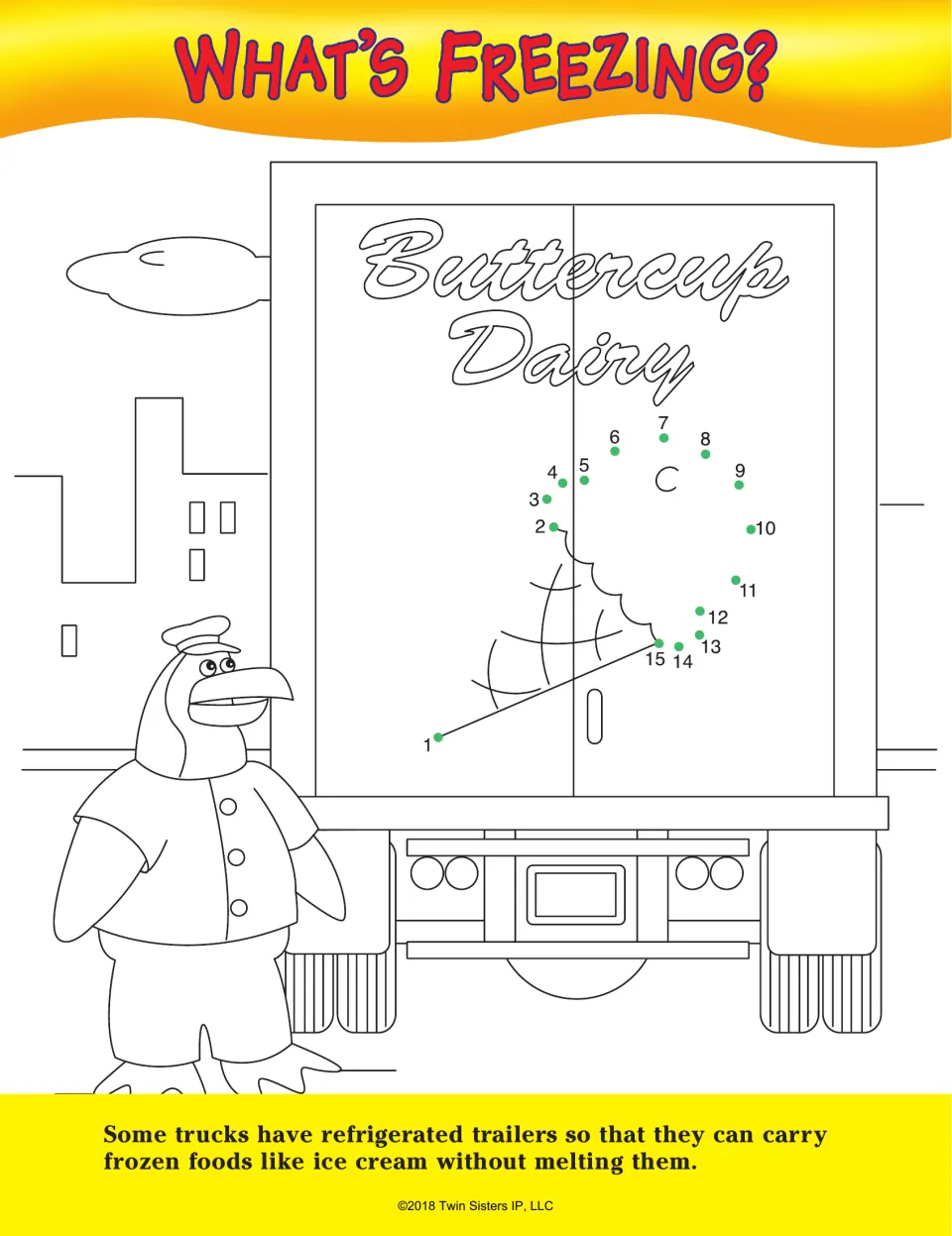 What's Freezing?: dots 1 to 15 reveal an ice cream cone on a Buttercup Dairy truck, with a fact about refrigerated trailers