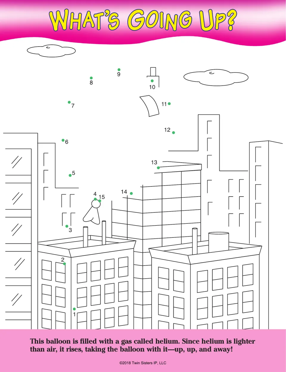 What's Going Up?: connecting dots 1 to 15 forms a balloon rising above city buildings, plus a fact on helium being light