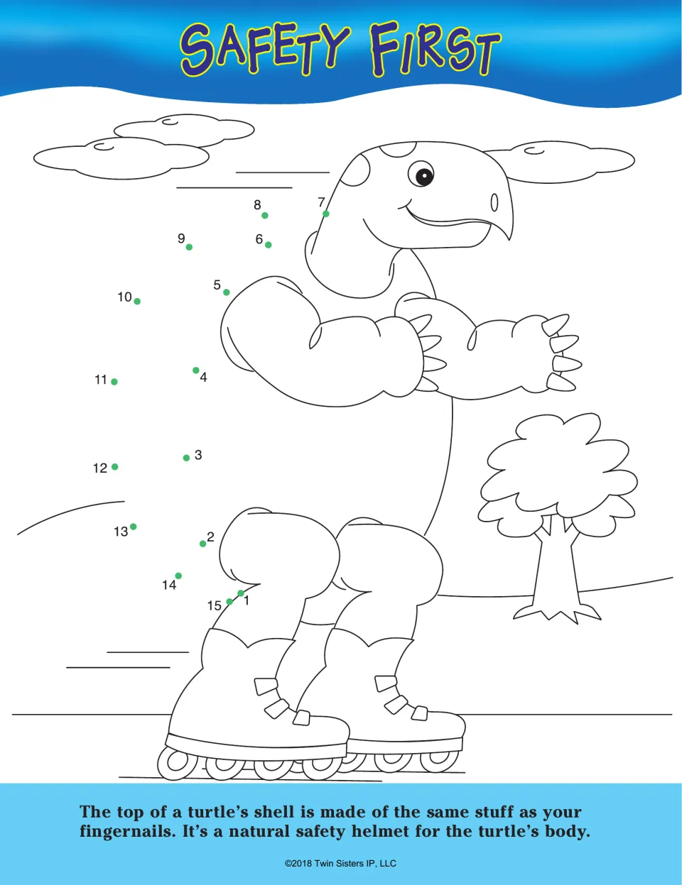 Safety First: joining dots 1 to 15 draws the shell on a turtle wearing inline skates; fact compares shells to fingernails