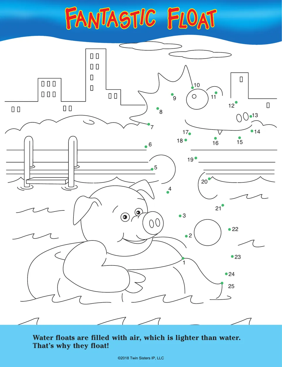 Fantastic Float: a longer 1 to 25 dot path completes an animal-shaped pool float around a pig, plus a fact on floats