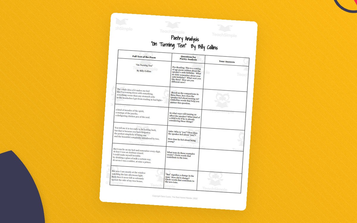 On Turning Ten by Billy Collins line-by-line chunked poetry analysis Google Doc preview