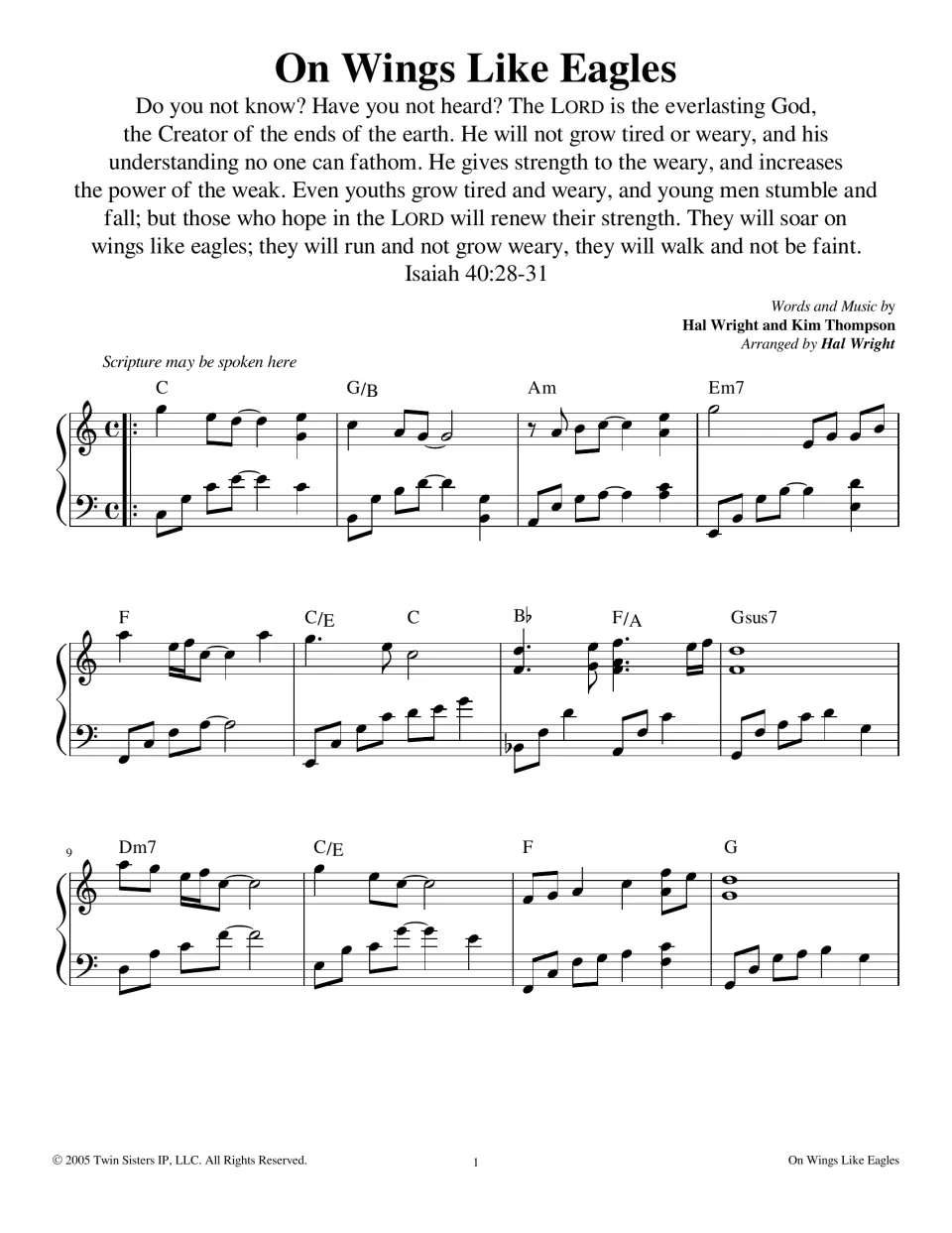 Song opening with Isaiah 40:28-31 printed above a piano introduction in C, bars 1-12, chord symbols C, G/B, Am and Em7