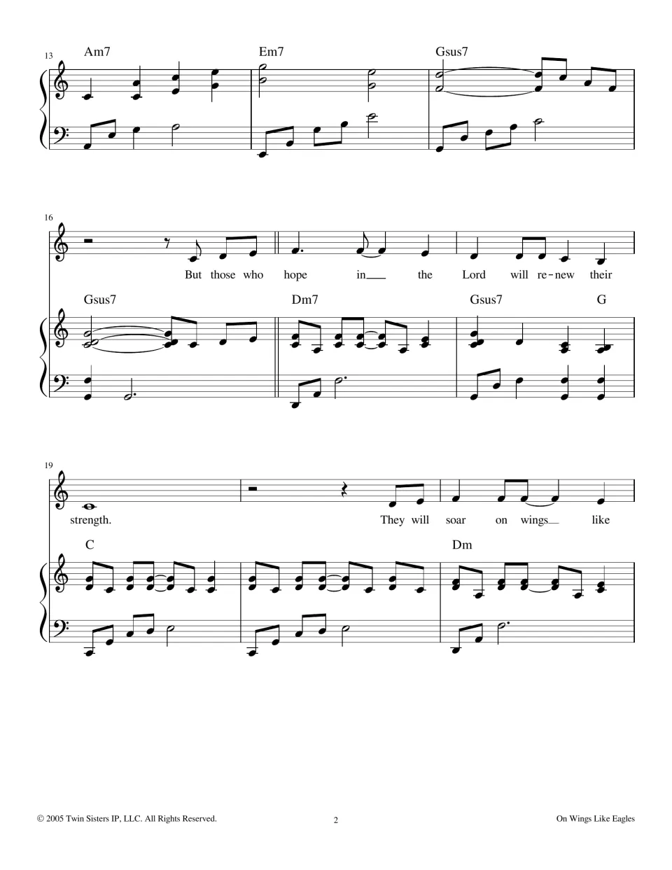 Bars 13-21: vocal line enters with 'But those who hope in the Lord will renew their strength' over piano and chords