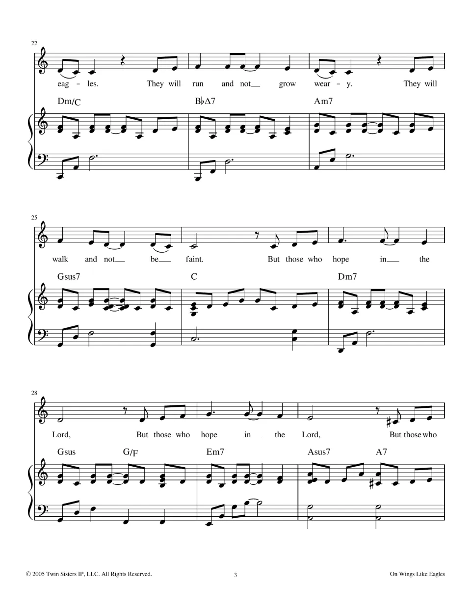 Bars 22-30: lyrics 'They will run and not grow weary... walk and not be faint', then a repeated 'But those who hope'