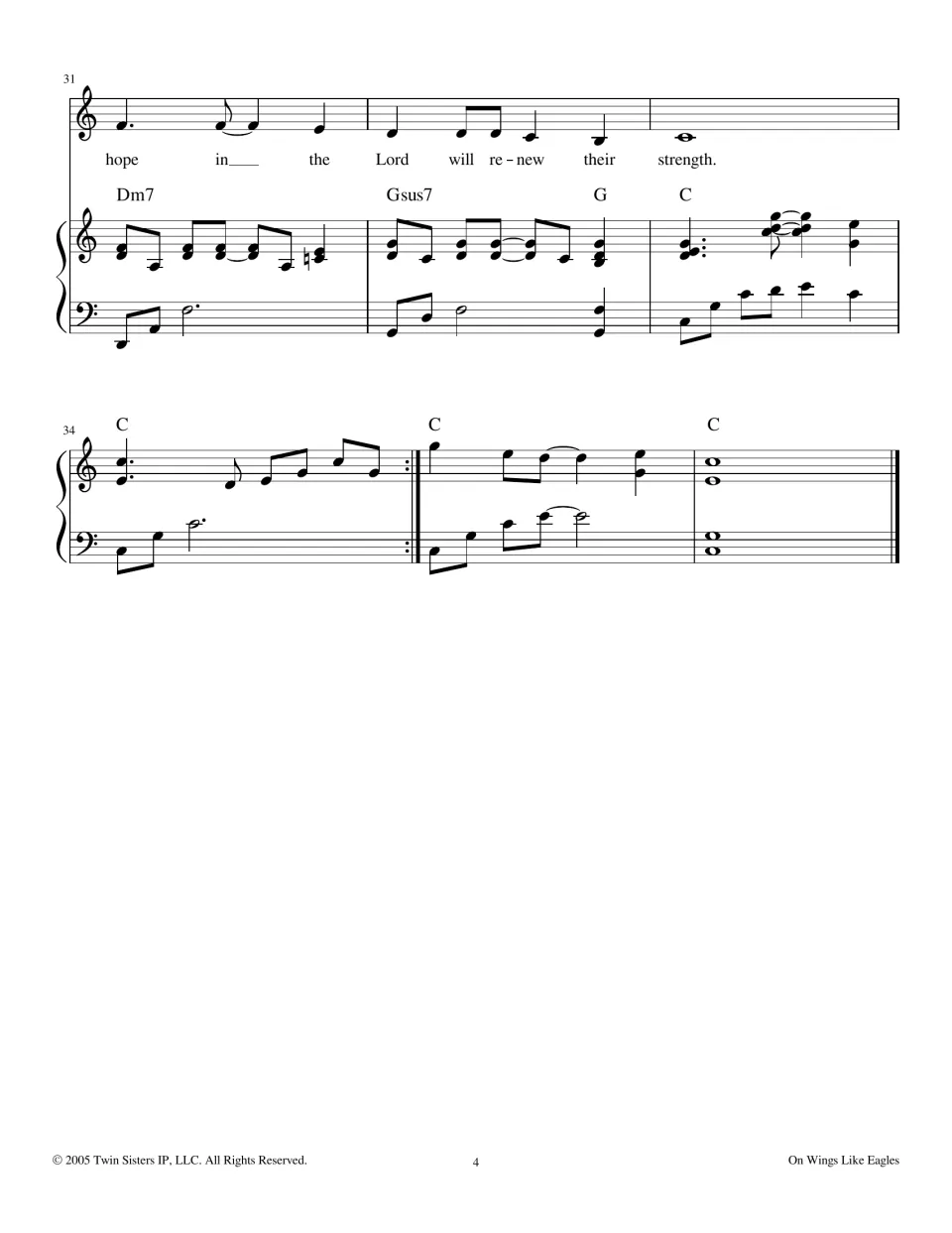 Final bars 31-36: closing lyric 'hope in the Lord will renew their strength', then a piano outro ending on a C chord