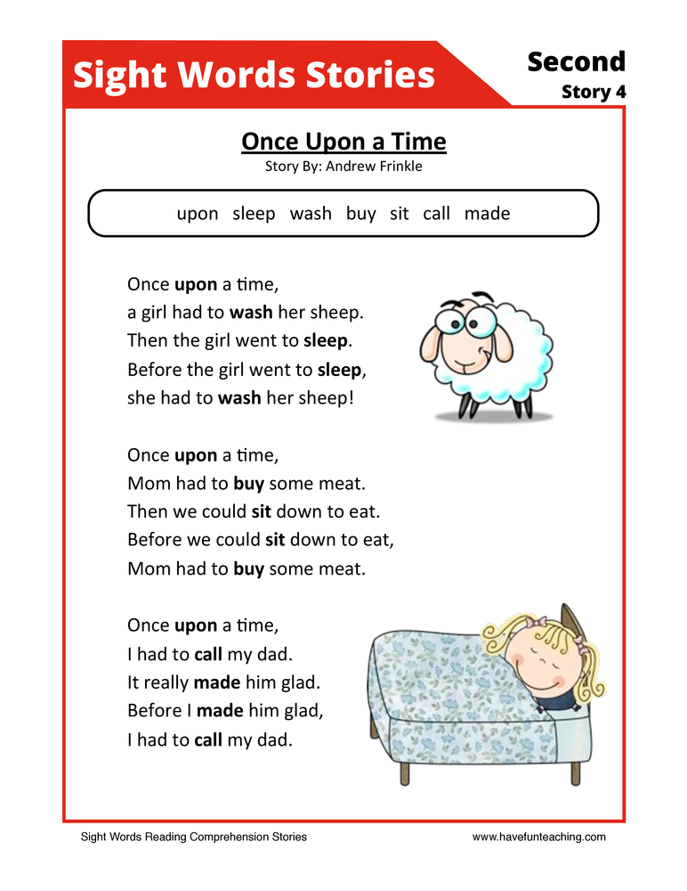 Once Upon a Time Second Sight Words Reading Comprehension Worksheet teaching resource preview