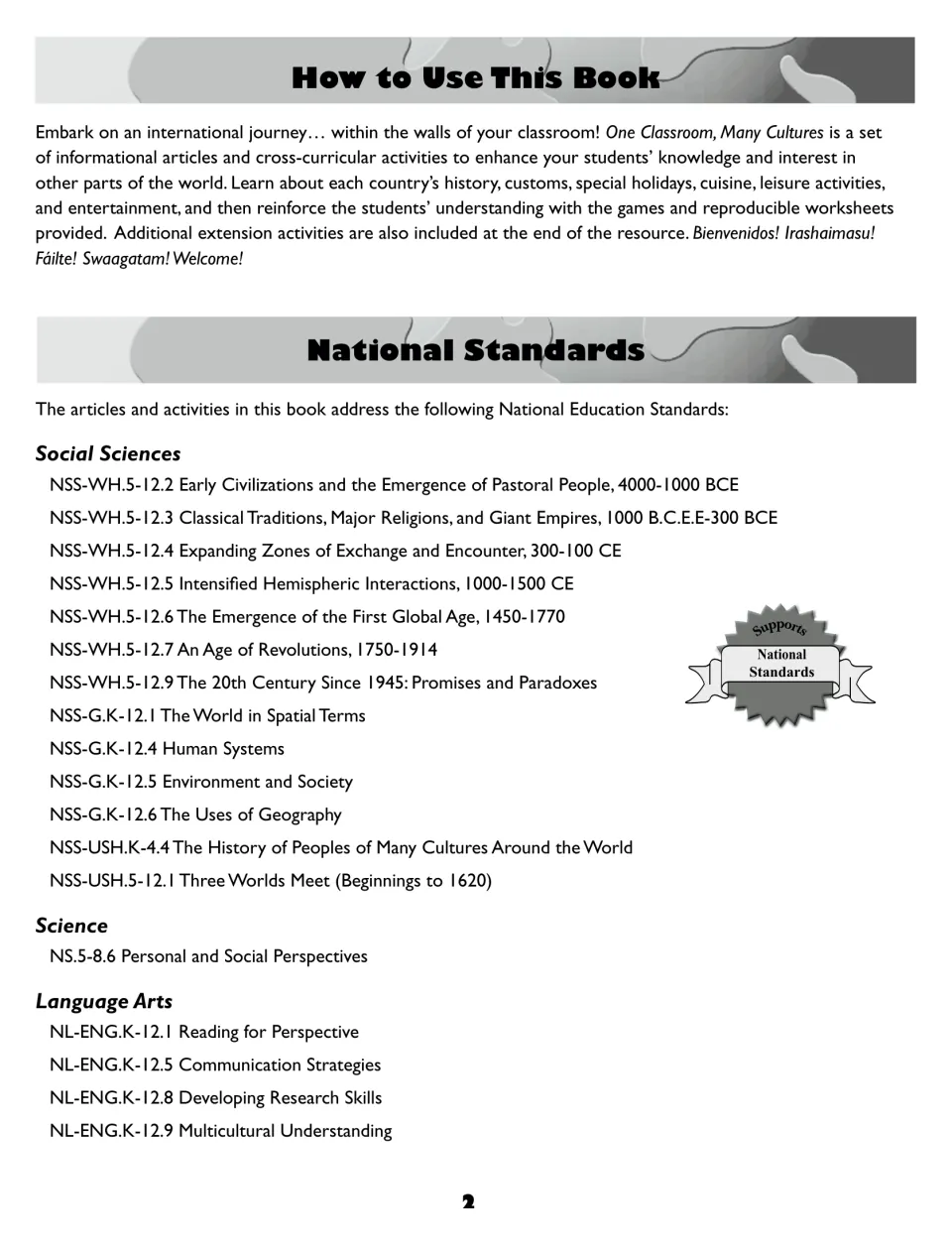 Teacher overview of country articles, games and worksheets, with national standards for social sciences, science and ELA