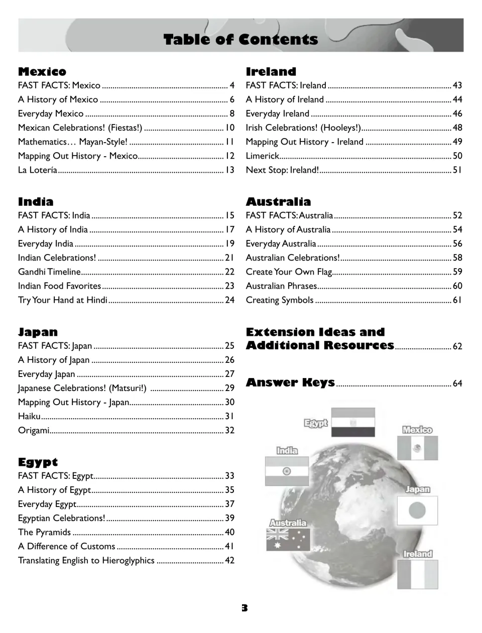 Table of contents: Mexico, India, Japan, Egypt, Ireland and Australia sections, extension ideas and answer keys on page 64