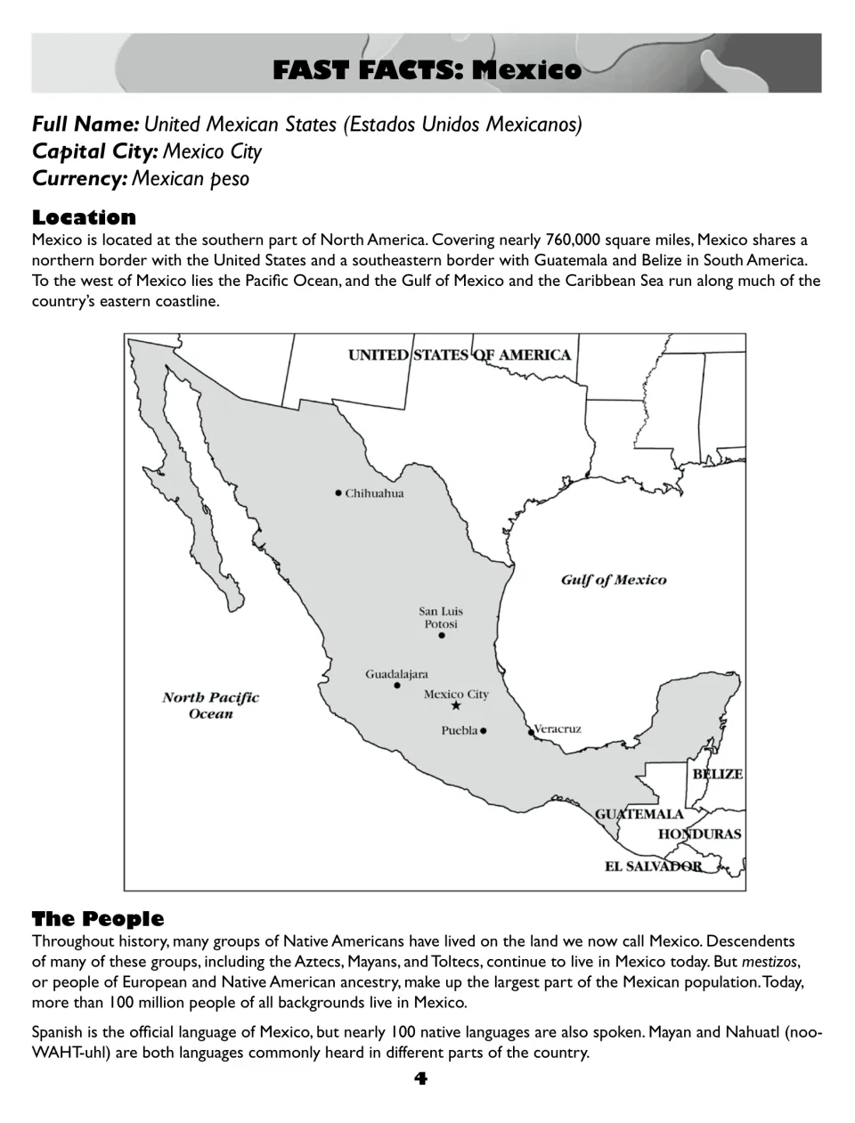 Mexico fast facts: full name, capital and currency, a location map with major cities, and notes on its people and languages