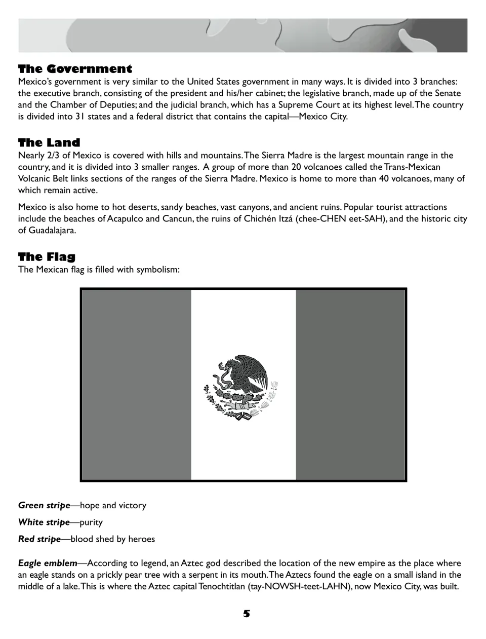 Mexico's government, land and flag: three branches, Sierra Madre and volcanoes, and what the flag stripes and eagle mean