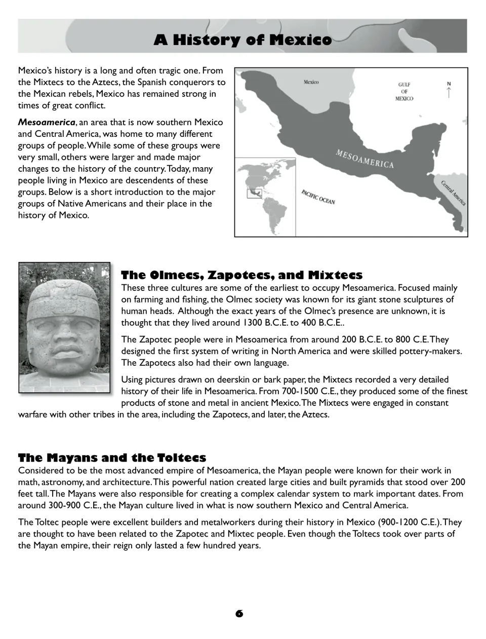 Early Mexican history: Mesoamerica map and the Olmec, Zapotec, Mixtec, Mayan and Toltec cultures, with an Olmec head photo