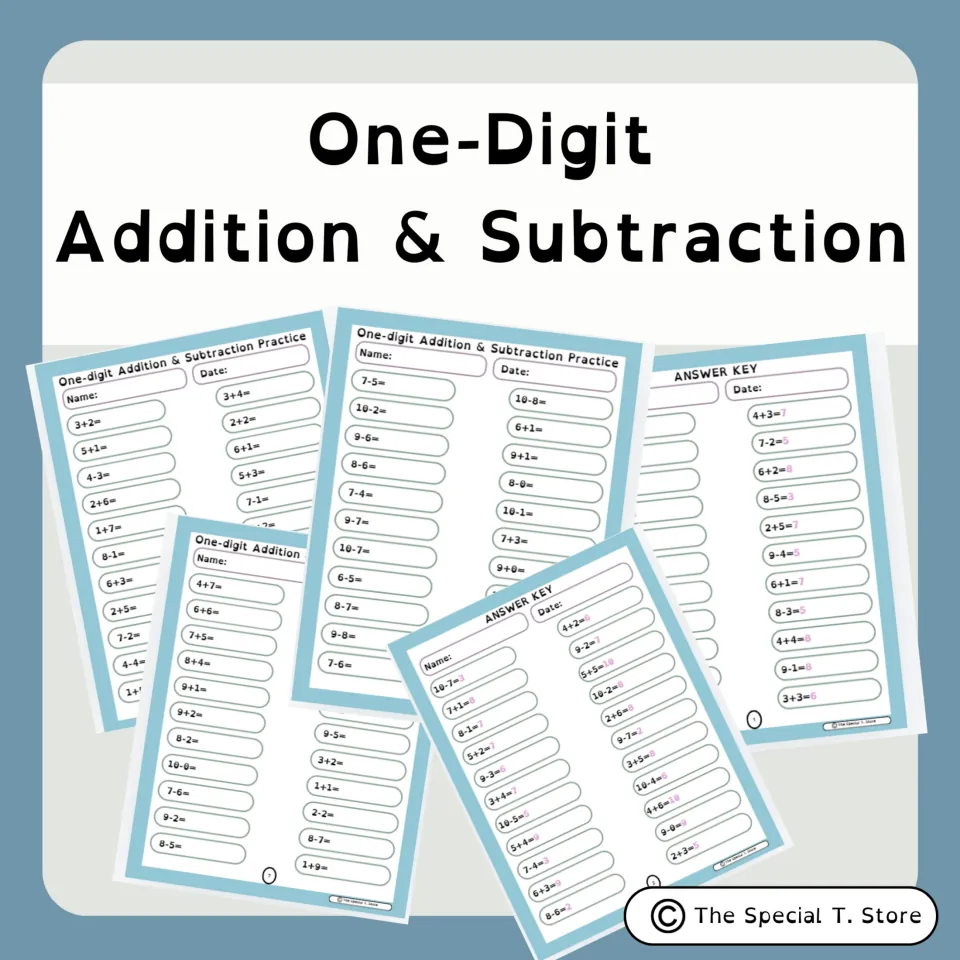 Cover for One-Digit Addition and Subtraction Practice, showing sample practice sheets and answer keys