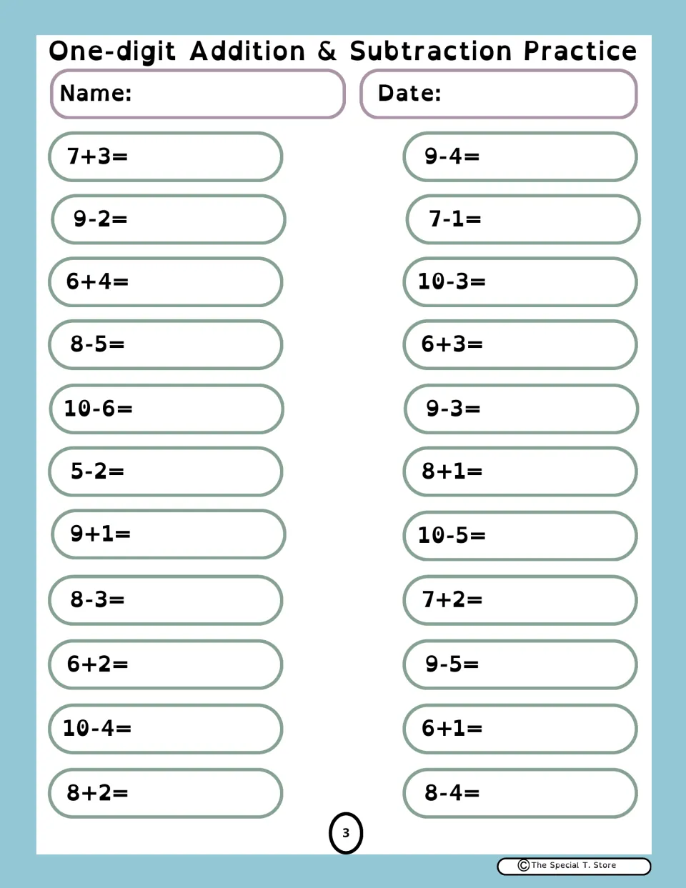 Practice sheet 3: 22 addition and subtraction problems, including 7+3, 9-2, 6+4, 10-6, 9+1, and 8+2