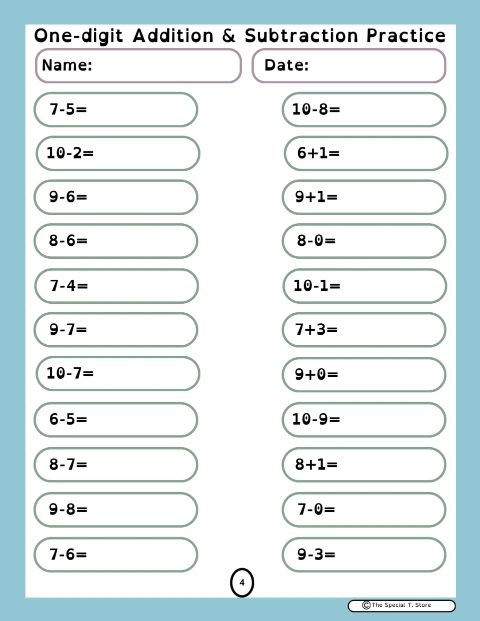 Practice sheet 4: 22 addition and subtraction problems, including 7-5, 10-8, 8-0, 9+0, 10-9, and 7-0