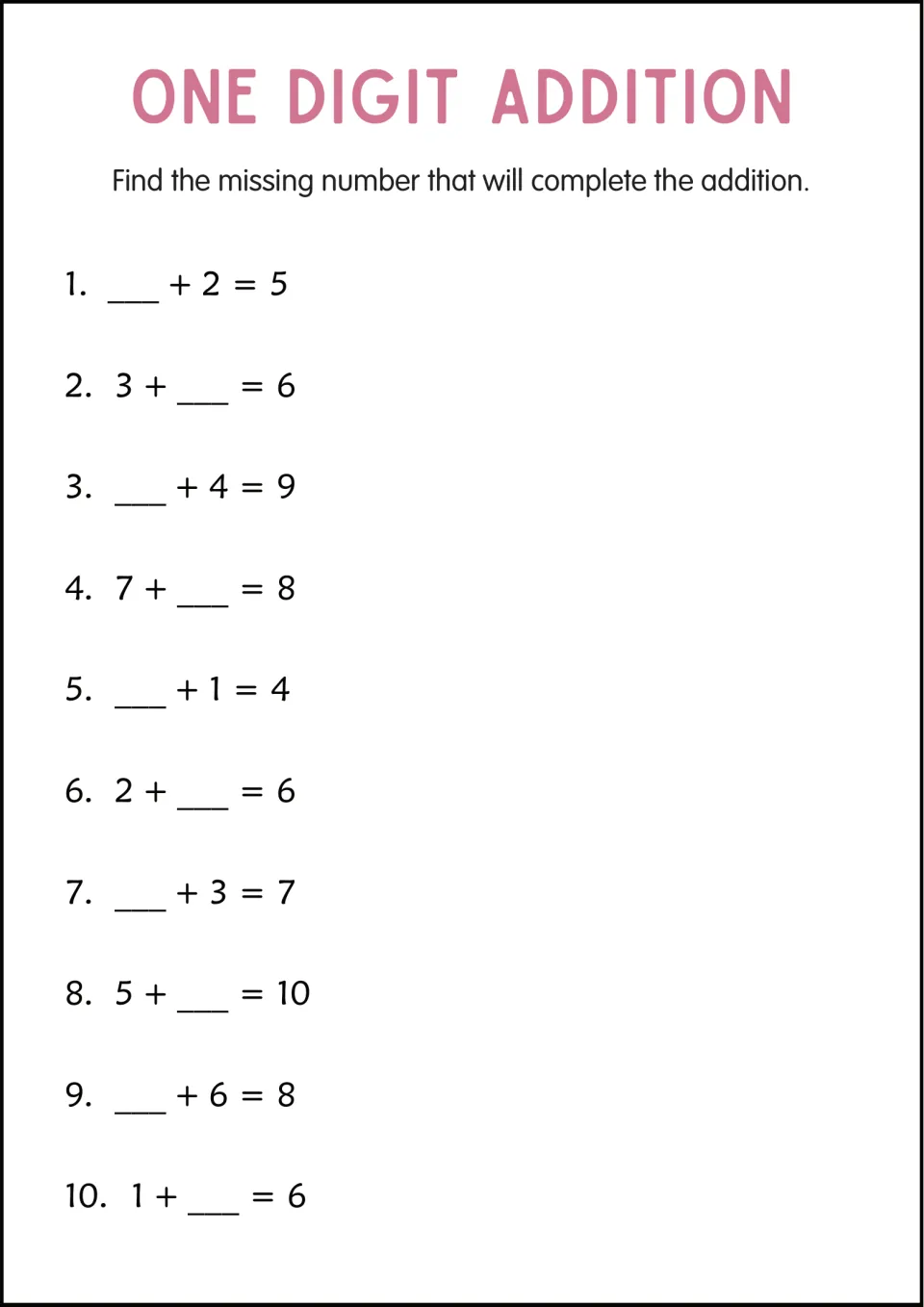 Missing-addend practice sheet 8 has 10 equations, including __ + 2 = 5, 7 + __ = 8, and 5 + __ = 10.