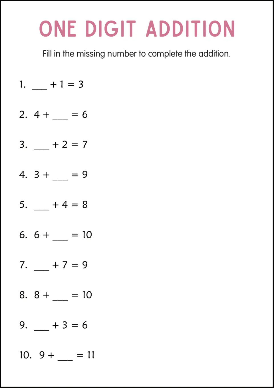 Missing-addend practice sheet 9 has 10 equations, including __ + 1 = 3, 3 + __ = 9, and 9 + __ = 11.