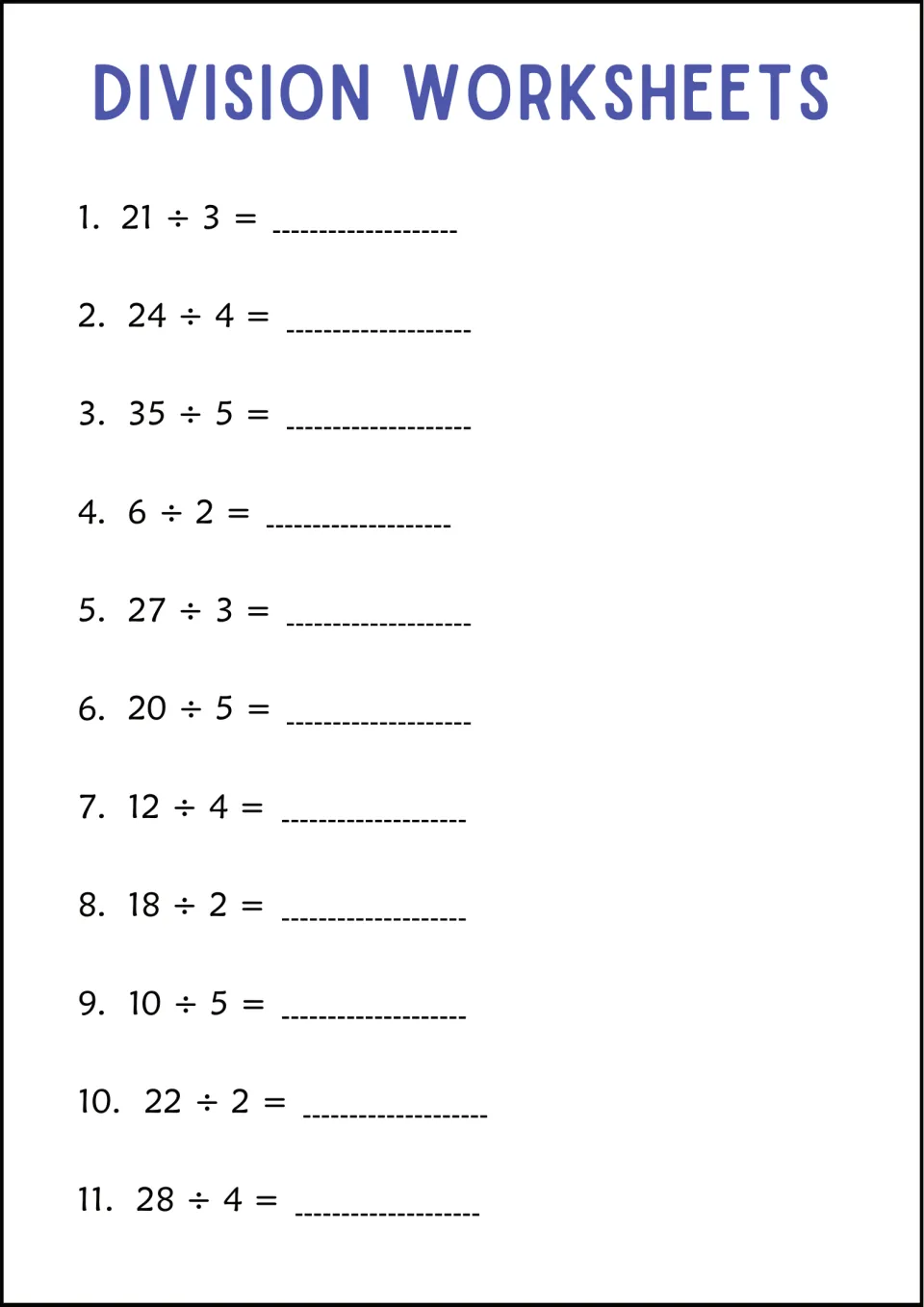 Division by 2 to 5: students find 11 exact quotients such as 21 ÷ 3, 35 ÷ 5 and 28 ÷ 4, plus 22 ÷ 2 with a 2-digit answer