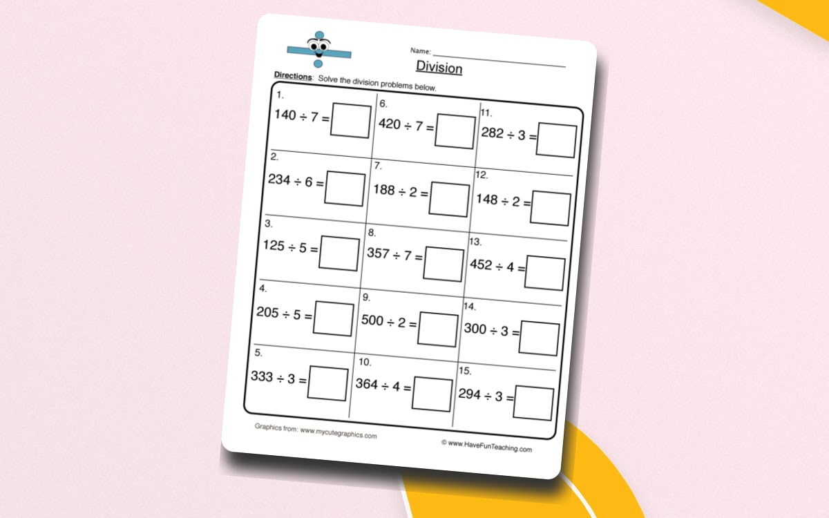 One Digit Divisor Division Worksheet preview: Fifteen multi-digit division calculations