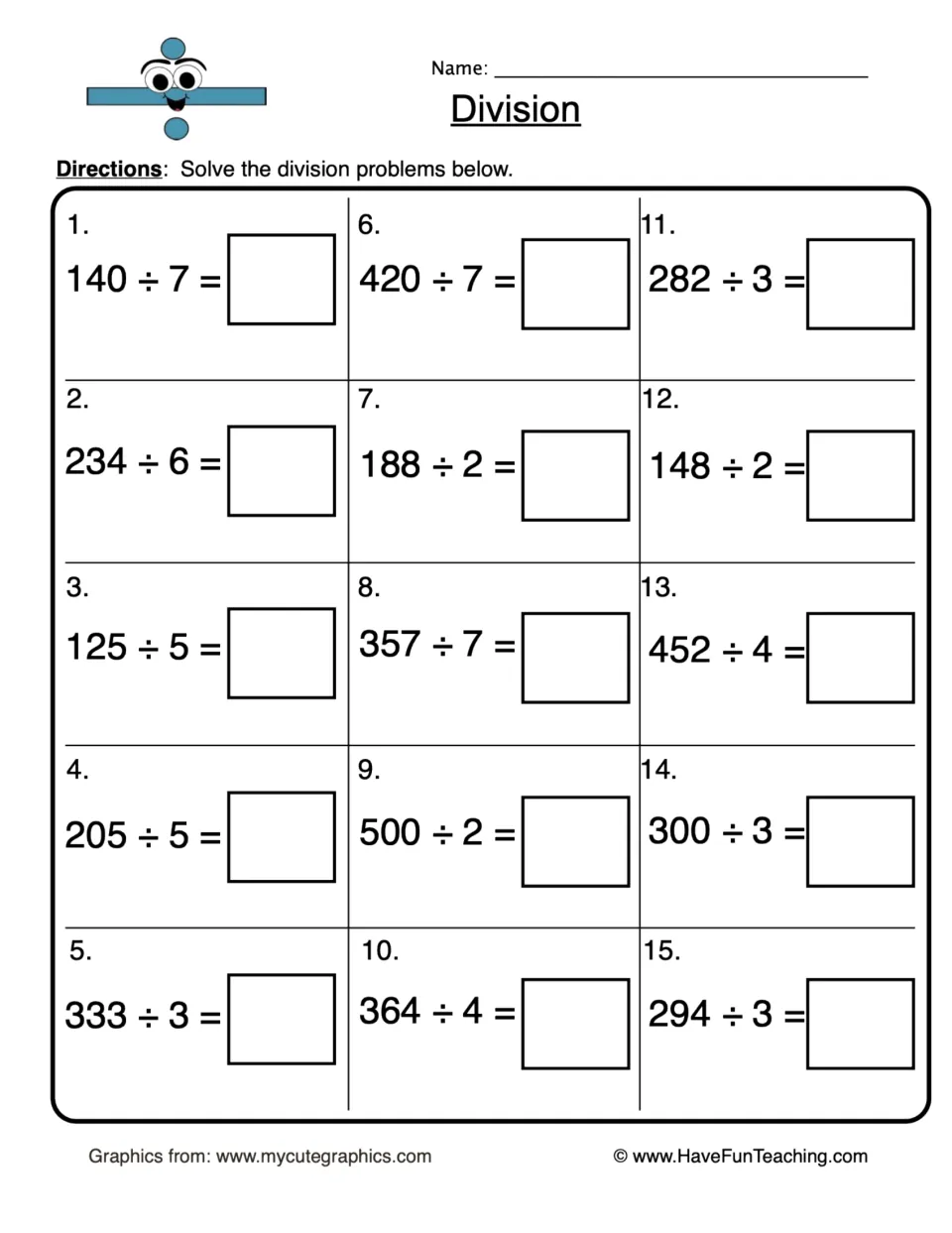 Division practice: students solve 15 problems dividing three-digit numbers by one-digit divisors, like 140 ÷ 7