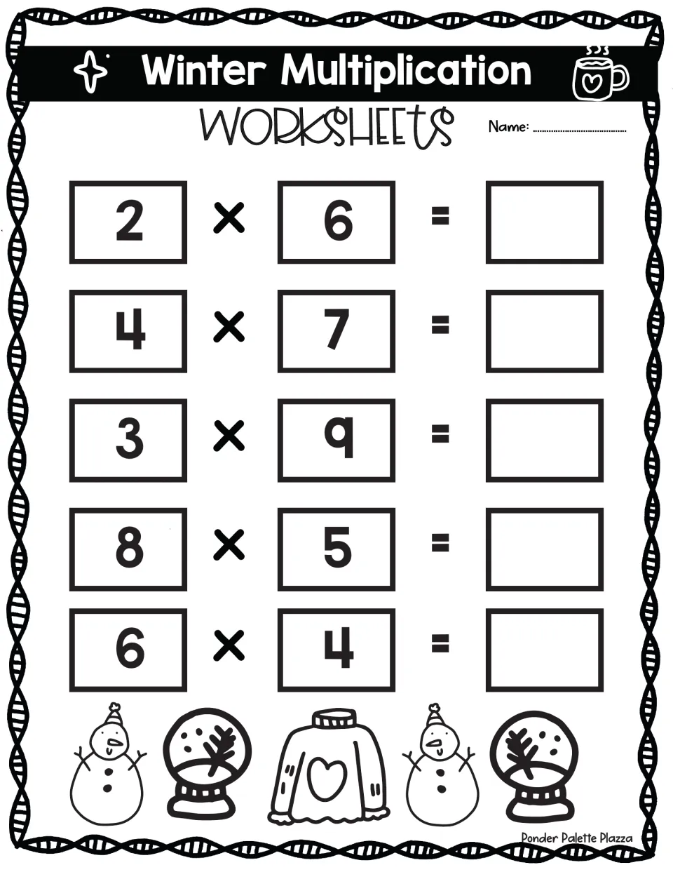 Winter Multiplication facts practice: students find the products of 2x6, 4x7, 3x9, 8x5 and 6x4 and write each answer