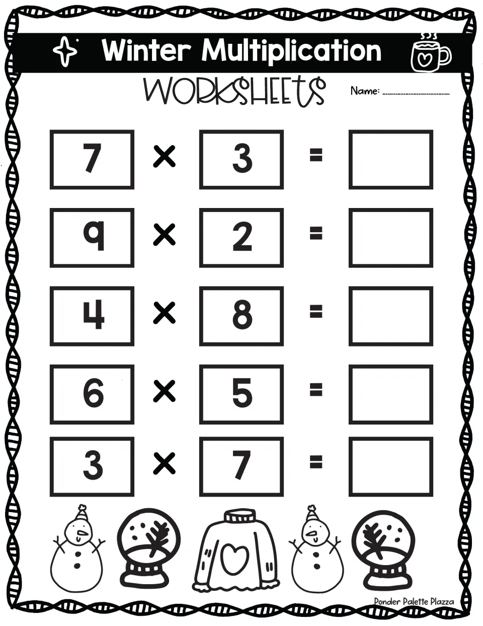 One-digit multiplication set: students multiply 7x3, 9x2, 4x8, 6x5 and 3x7, including the turnaround pair 7x3 and 3x7