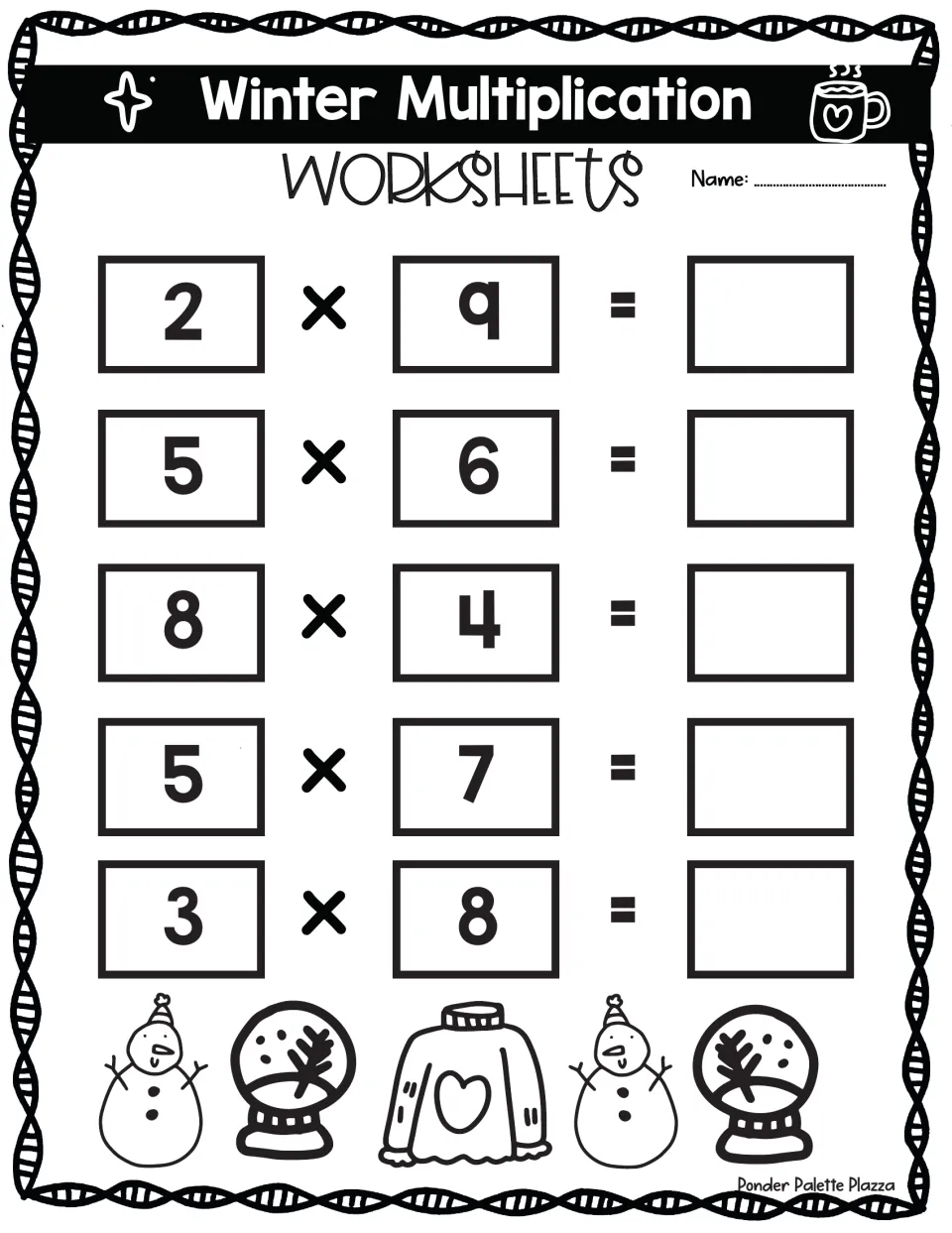 Winter-themed multiplication drill: students write products for 2x9, 5x6, 8x4, 5x7 and 3x8 with cocoa mug and sweater art