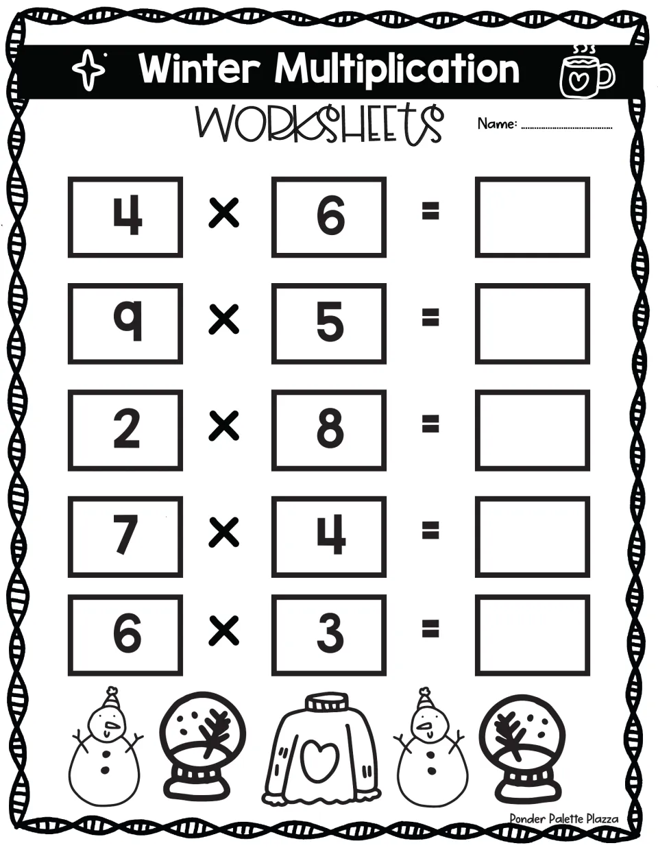 Single-digit times facts with winter art: students complete 4x6, 9x5, 2x8, 7x4 and 6x3, writing each product