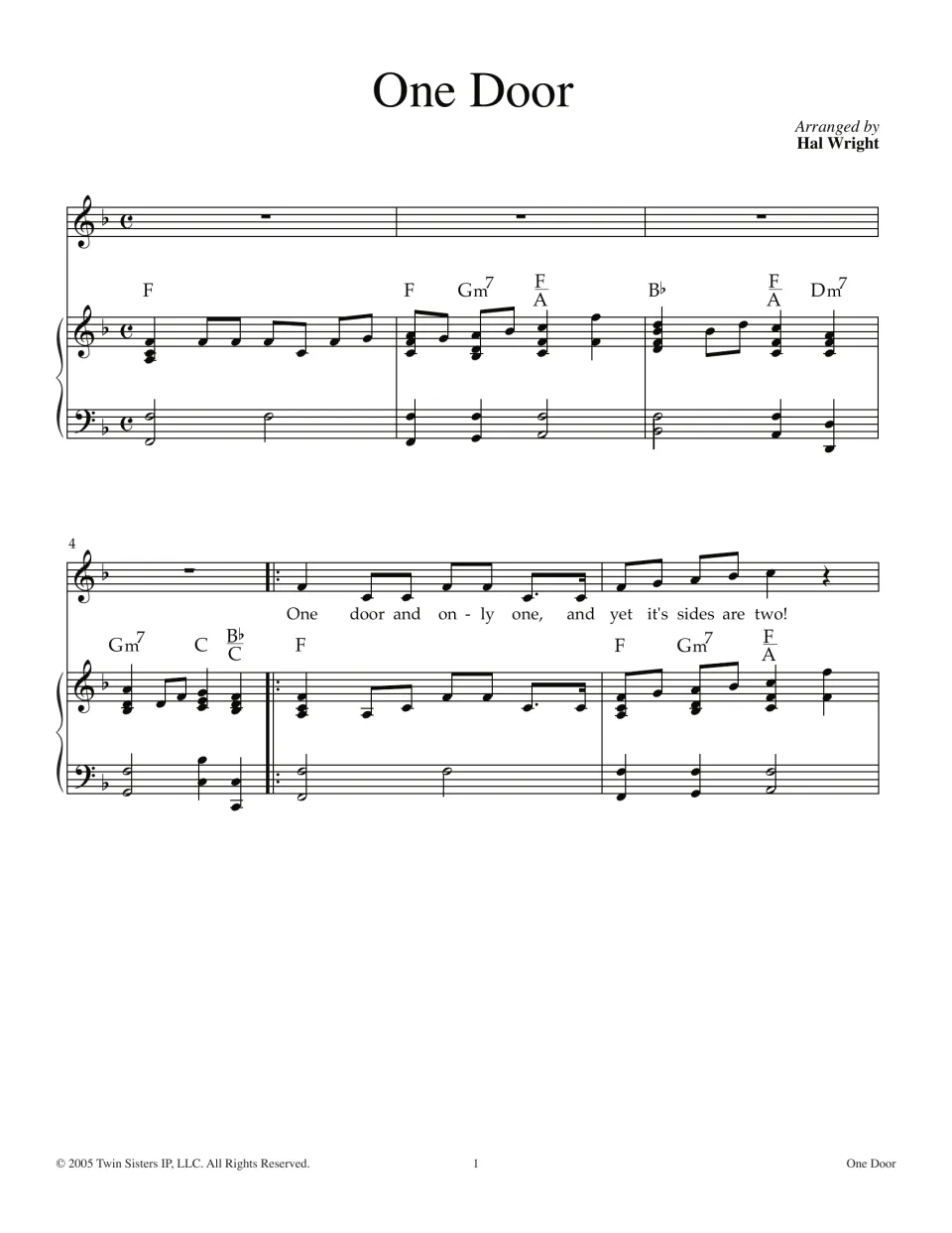 One Door song, arranged by Hal Wright: voice and piano score in F with chord symbols, opening with "One door and only one"