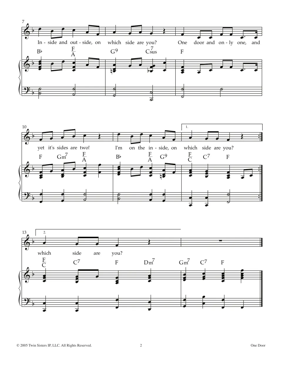Second page of the song score: lyrics ask "on which side are you?" with first and second endings and chords to the end