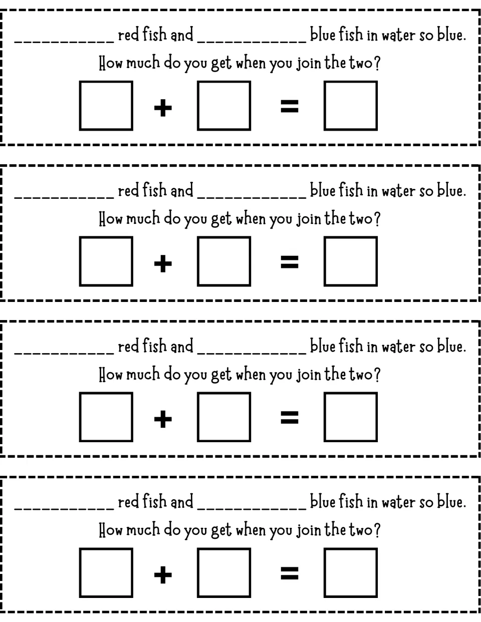 Red and blue fish addition strips: students write each fish count, then complete the + and = equation