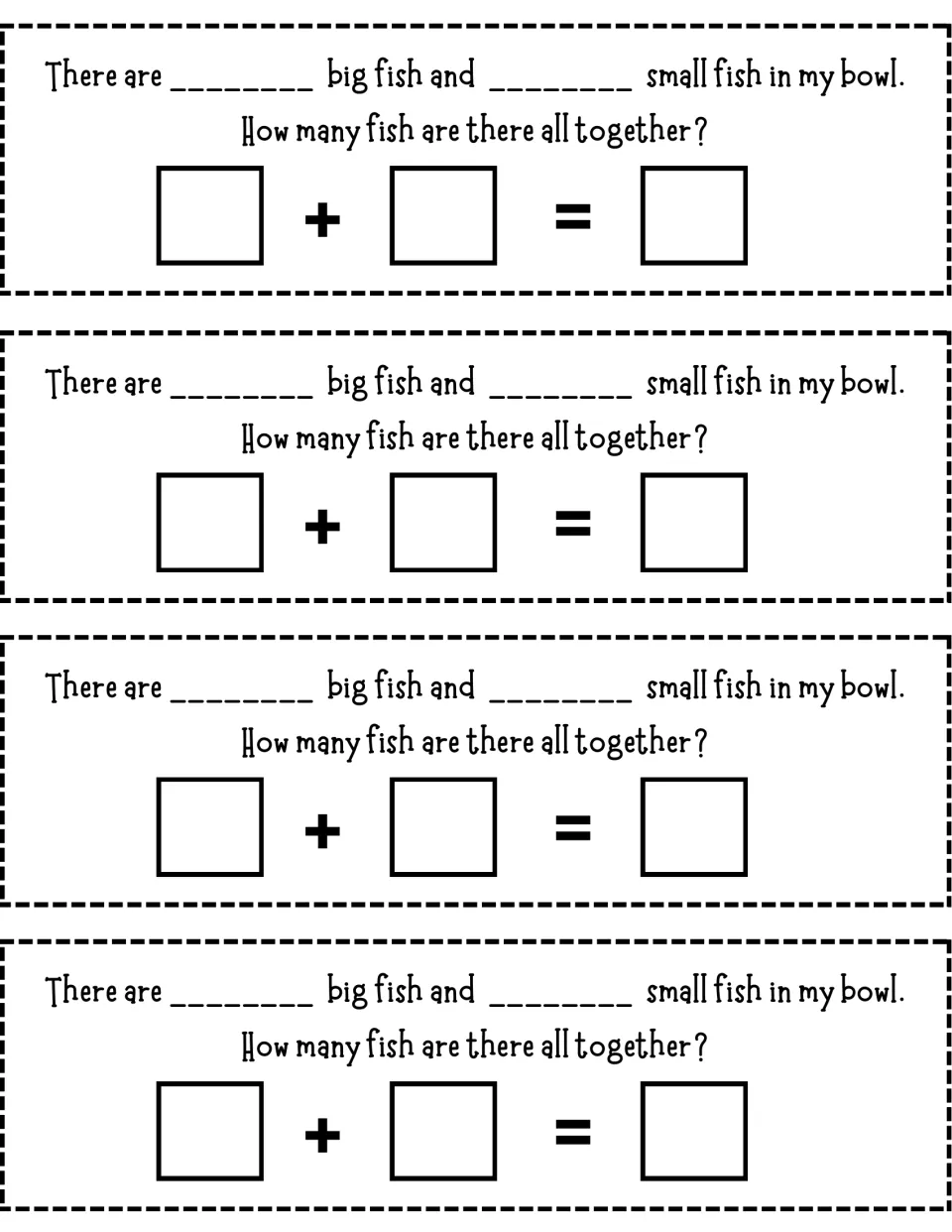 Big and small fish addition strips: students record both counts and add to find the total in the bowl
