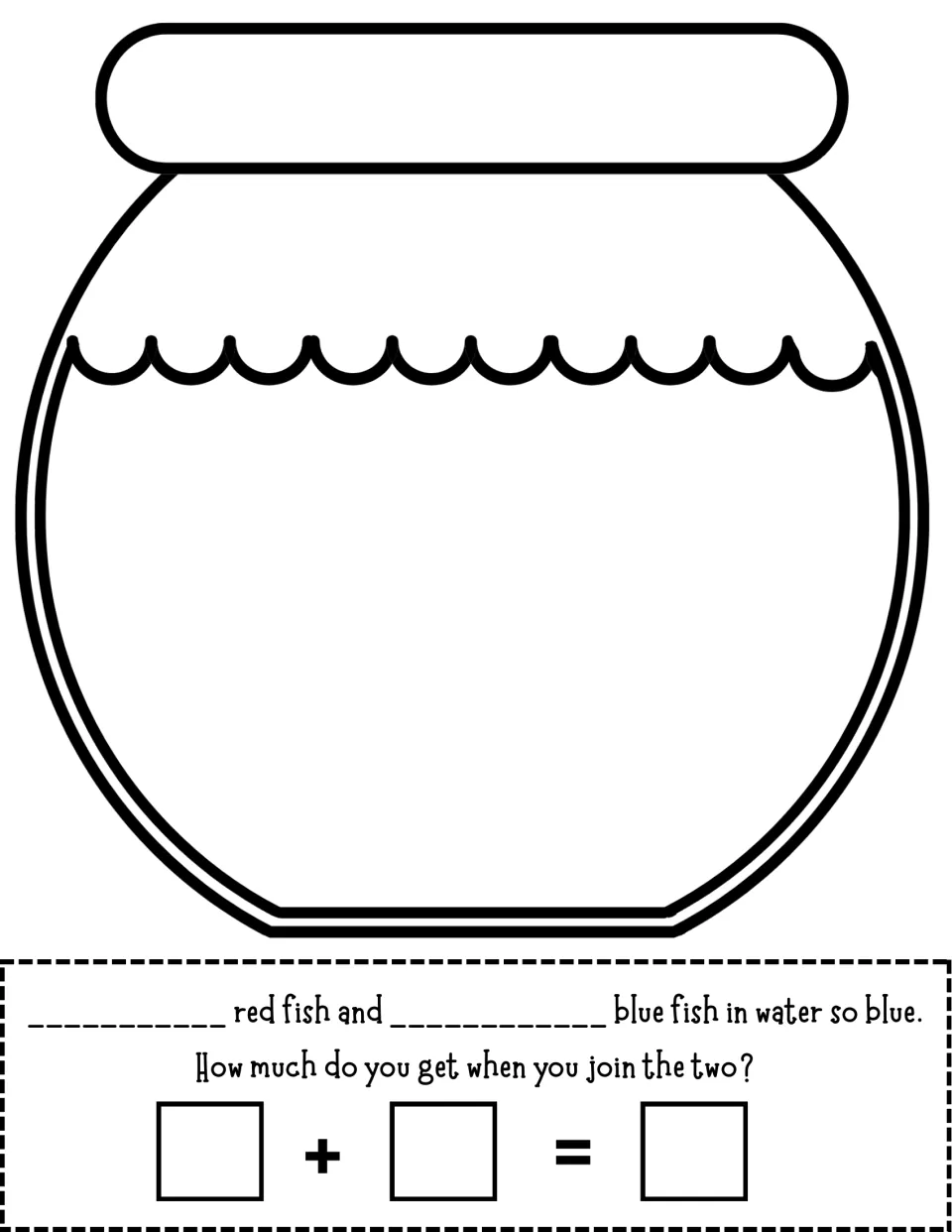 One-page fishbowl mat: students glue red and blue fish in the water, then complete the joining equation below