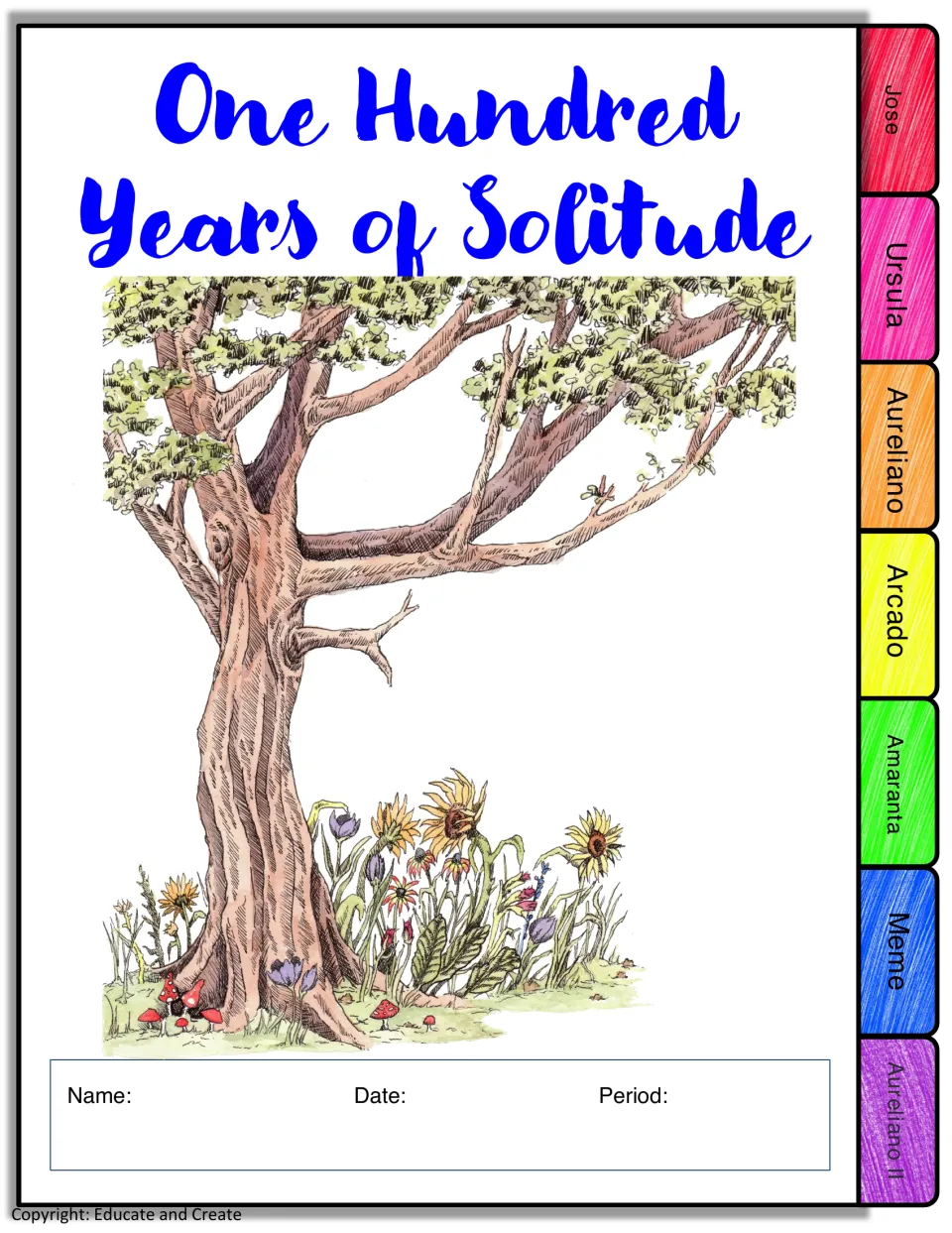 Flipbook cover: tree drawing, name, date and period fields, and seven tabs from José and Úrsula to Meme and Aureliano II