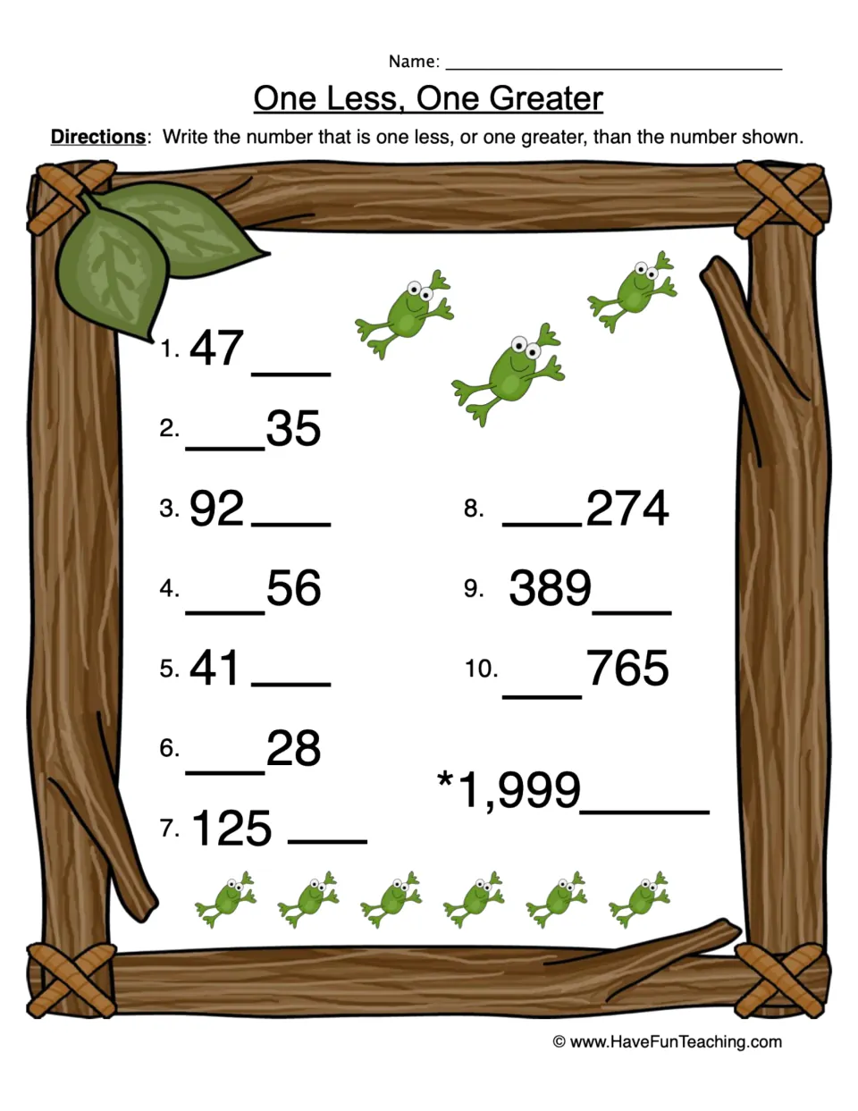 Number practice sheet: write one less or one greater for 47, 35, 92 and eight more numbers, including 1,999.