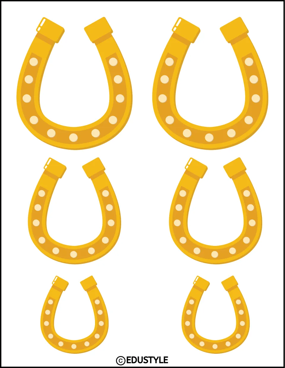 Six gold horseshoe cutouts in three sizes, two of each size, for St. Patrick's Day bulletin board or door decor