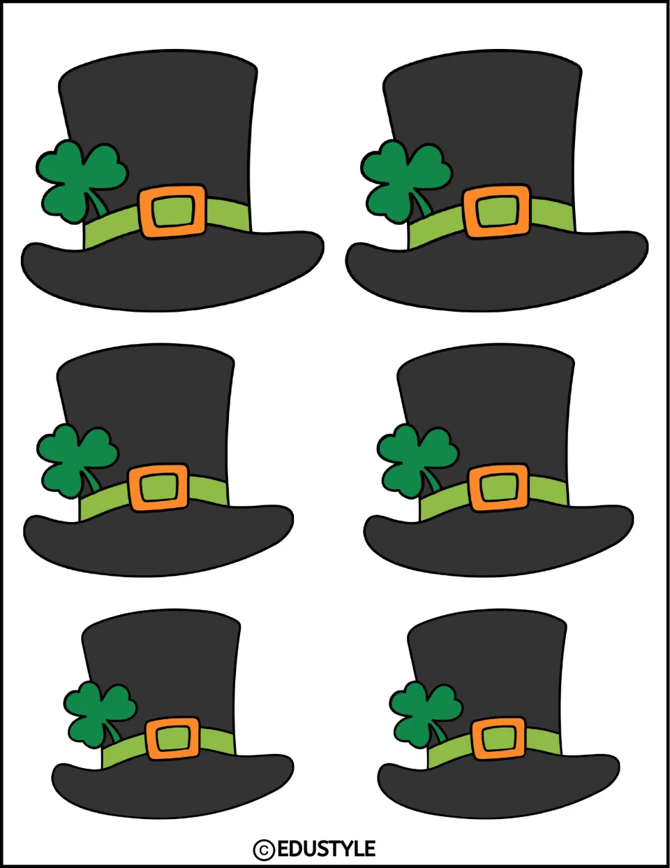 Six dark gray hats with green bands and shamrocks, in three sizes, for St. Patrick's Day classroom decor