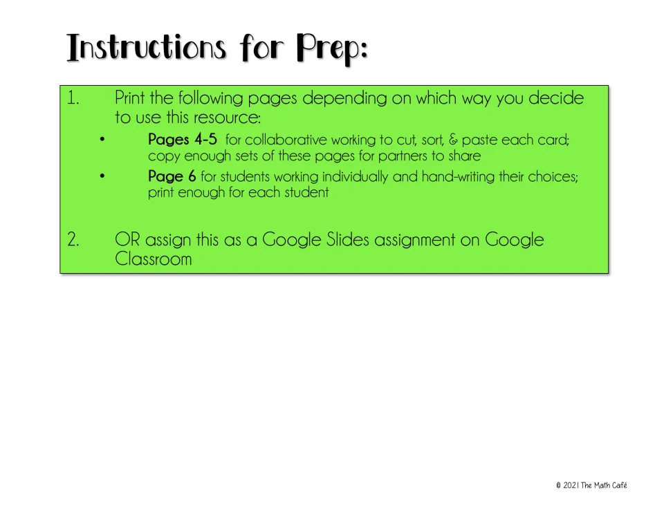 Preparation directions for partner cut-and-paste pages 4–5, individual page 6, or a Google Slides assignment