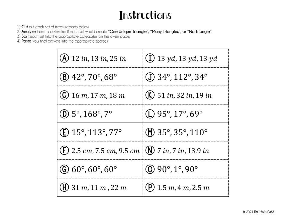 Cutout cards A–P for the triangle sort, including side lengths 12, 13, 25 inches and angles 42°, 70°, 68°