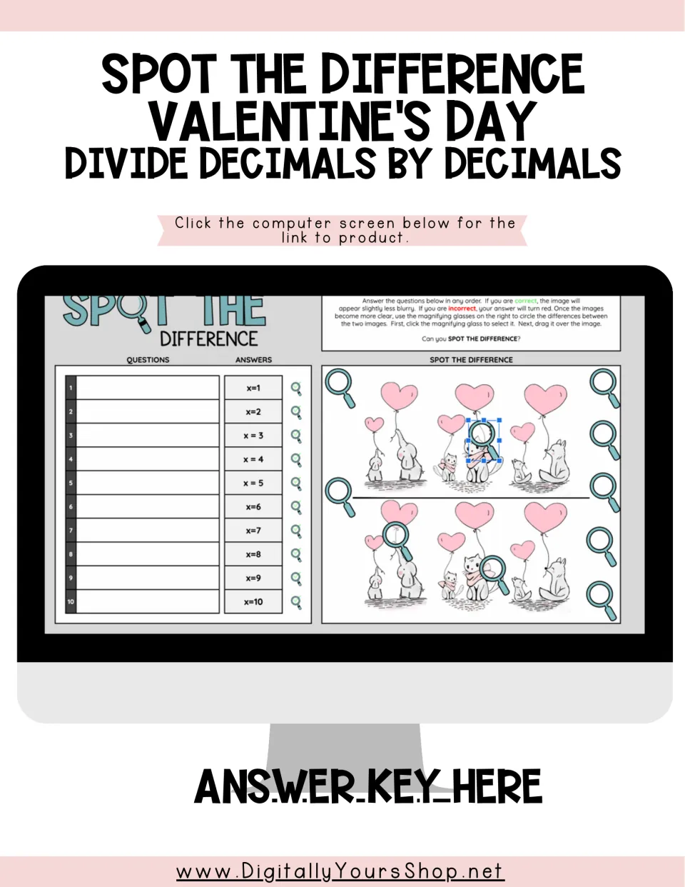 Access page for the Valentine's Day decimal activity, showing a 10-question preview and an answer key link.