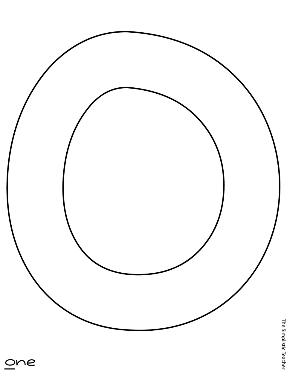 Outline letter template: a large blank lowercase 'o' for the word 'one', ready to trace onto colored paper and cut out