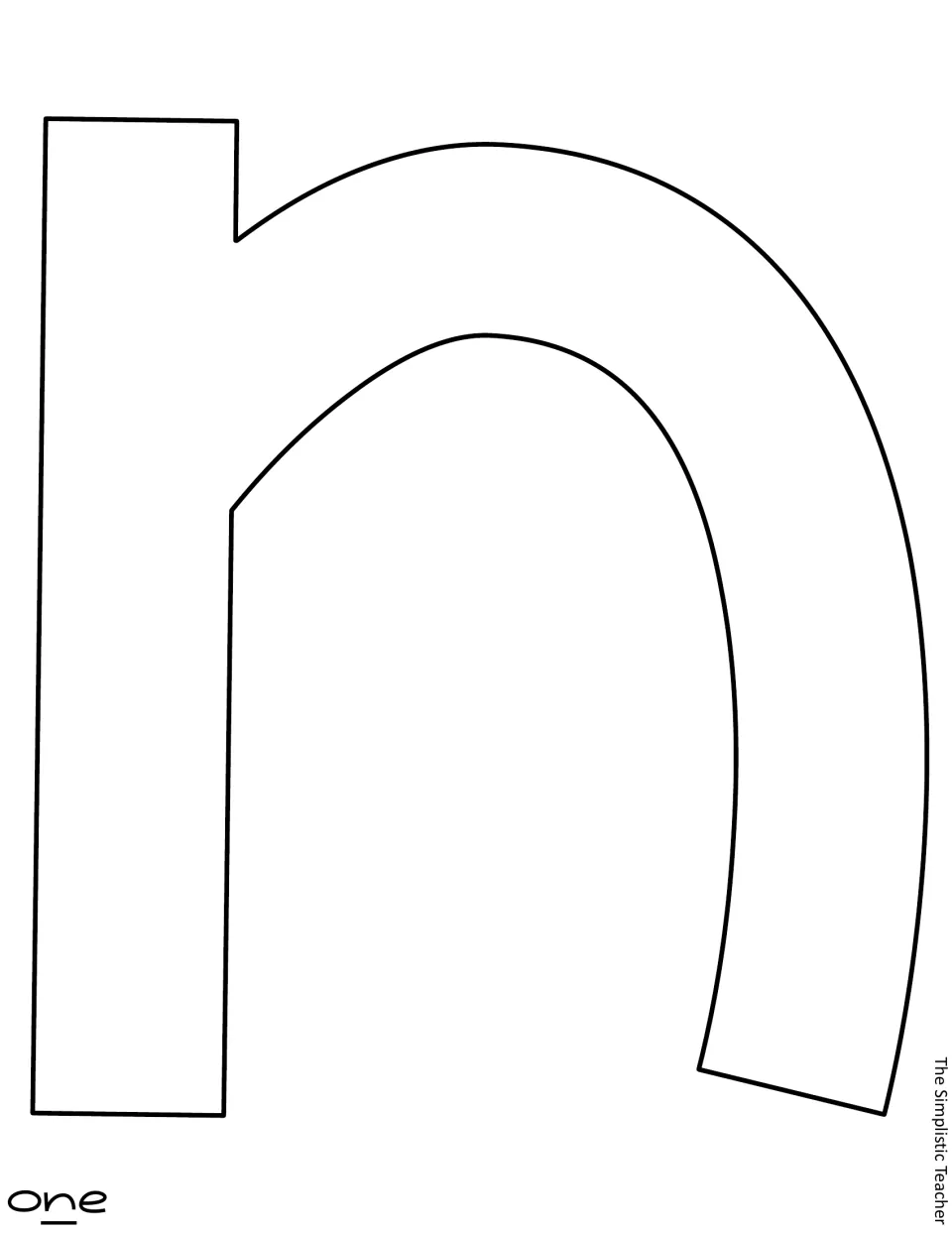 Outline letter template: a large blank lowercase 'n' for the word 'one', for printing on colored paper and cutting out