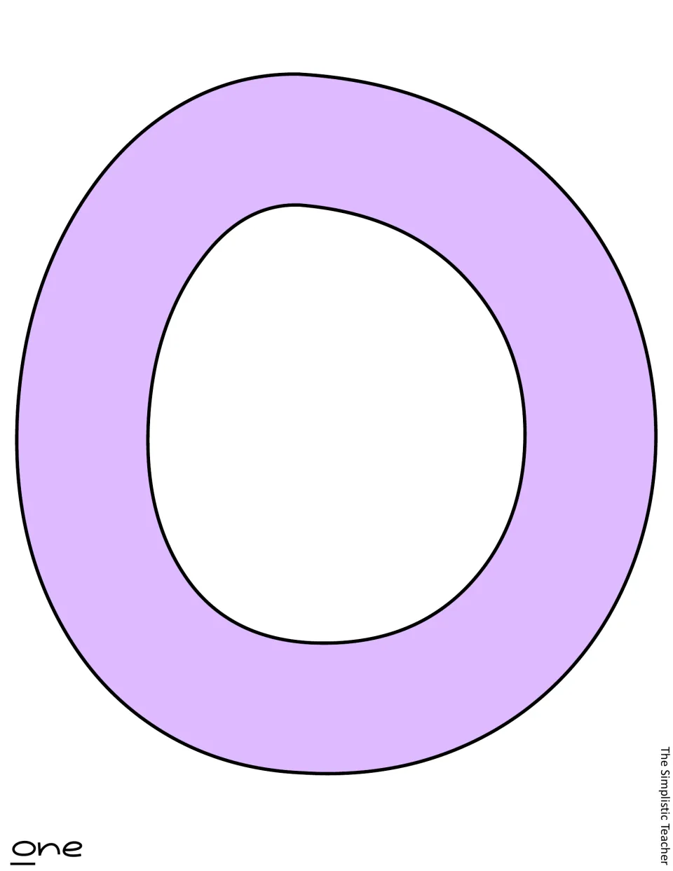 Lavender color letter: a large filled lowercase 'o' for the word 'one', printed in color and ready to cut out