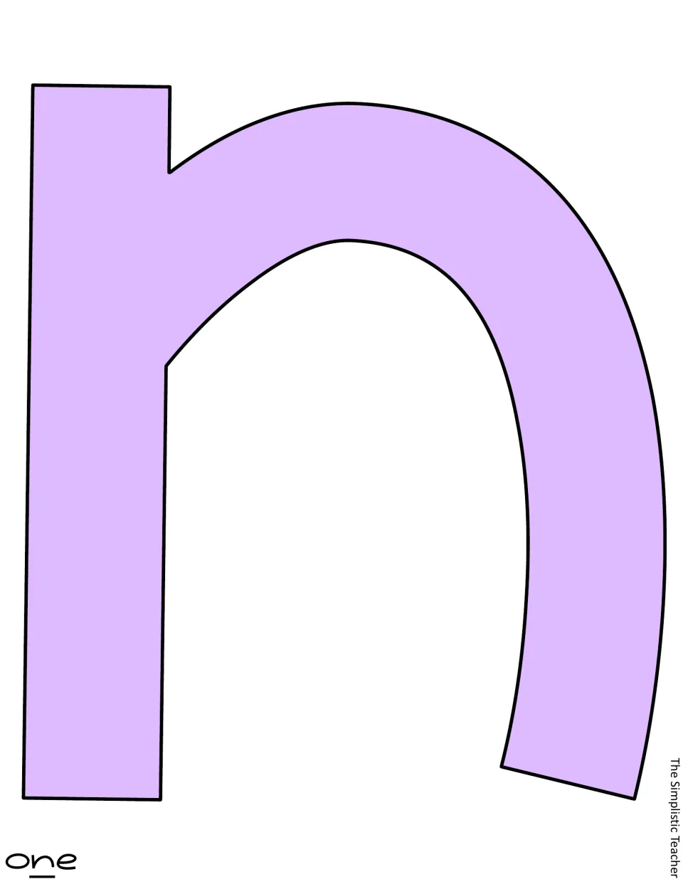 Lavender color letter: a large filled lowercase 'n' for the word 'one', ready to cut out and staple to the door