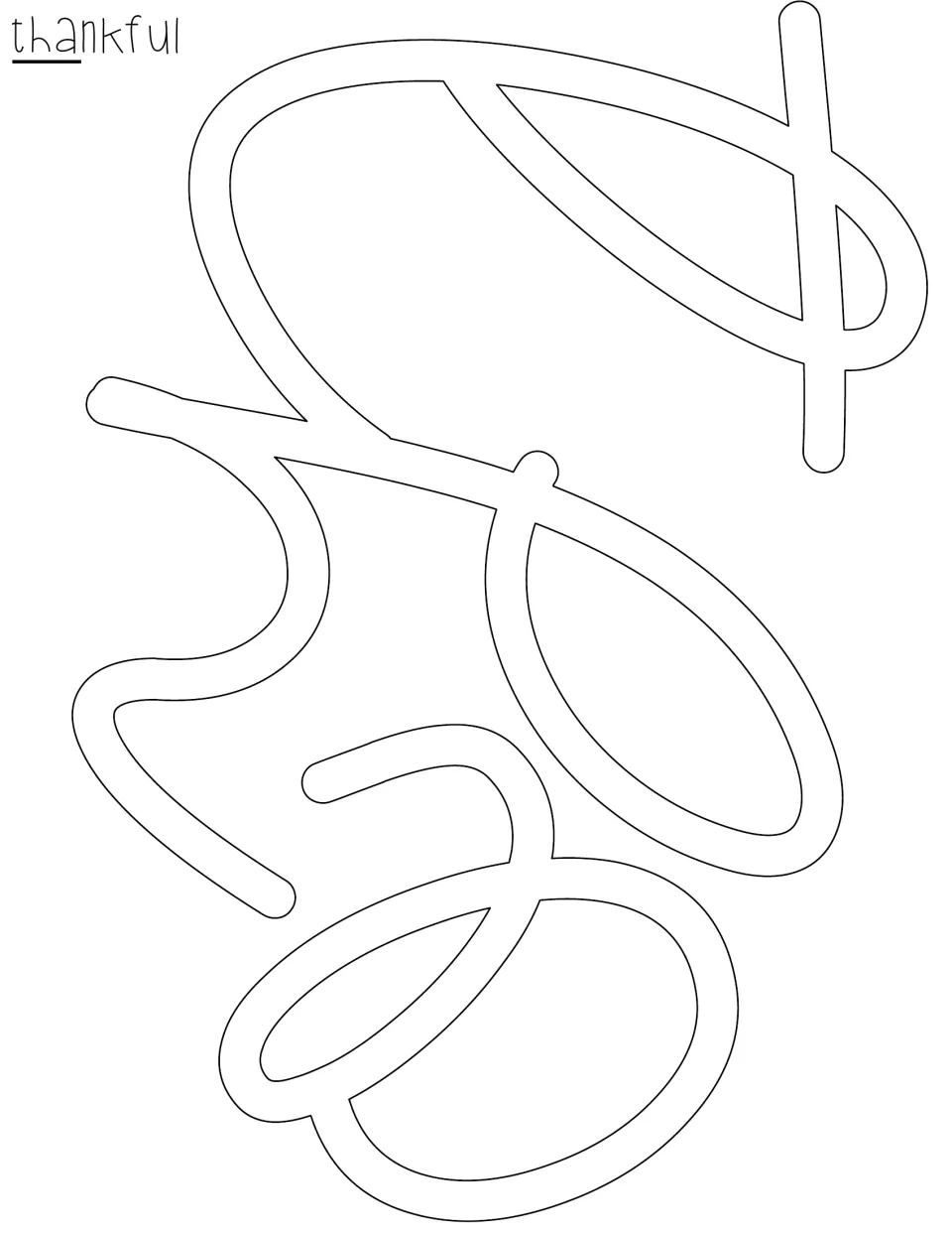 Cut-out piece of the cursive word 'thankful': the joined letters t-h-a drawn sideways as one outline to cut