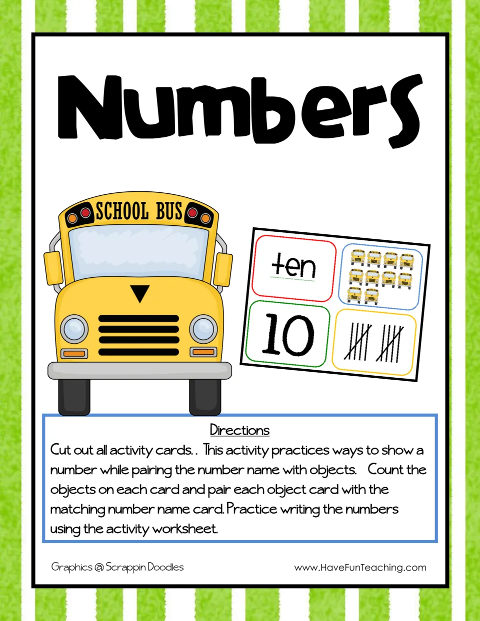 Numbers cover with directions: cut out word, numeral, tally and school bus cards and match each count to its number name