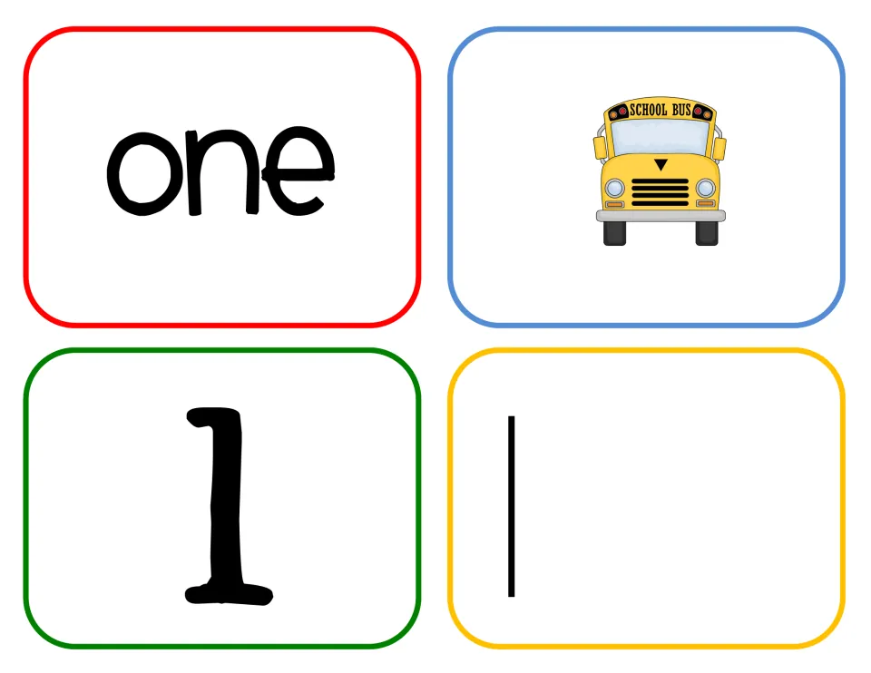Number one cards: students match the word one, numeral 1, a single tally mark and one school bus for one-to-one counting