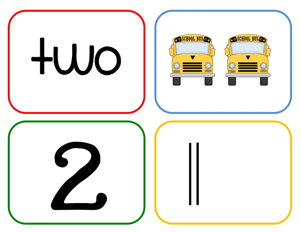 Number two cards: students count two school buses and pair them with the word two, the numeral 2 and two tally marks