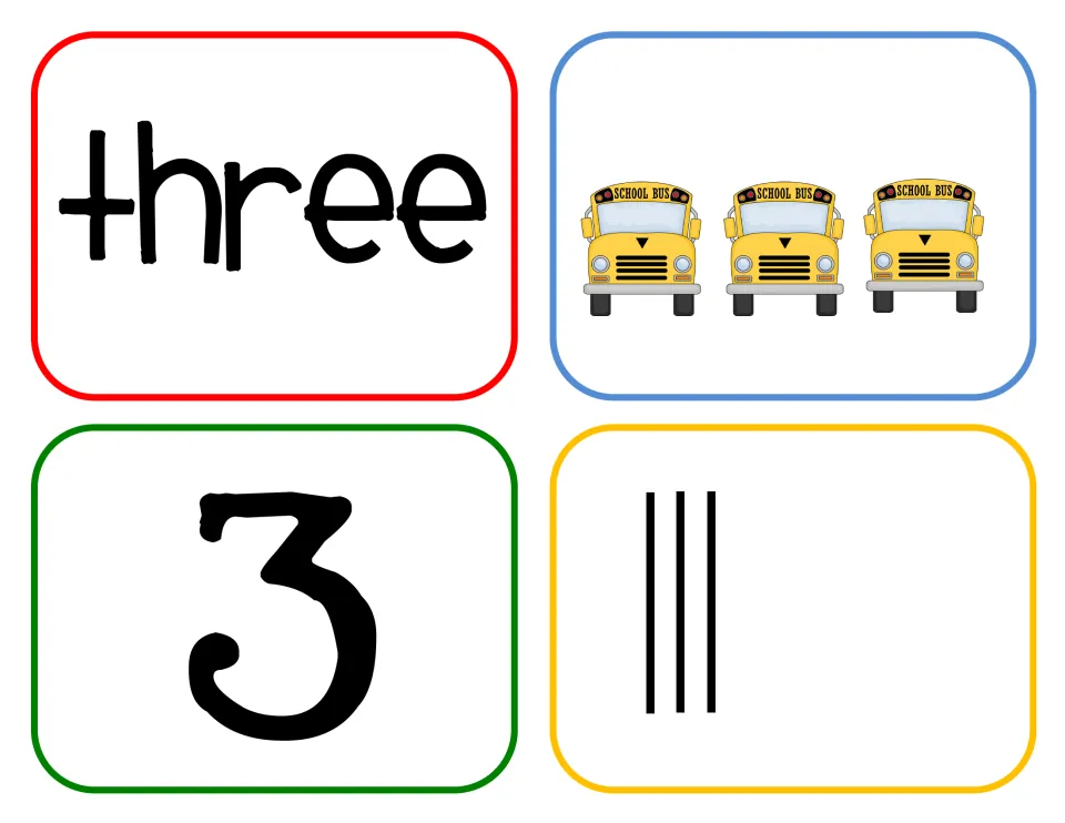 Number three cards: three school buses to count and match with the word three, numeral 3 and three tally marks