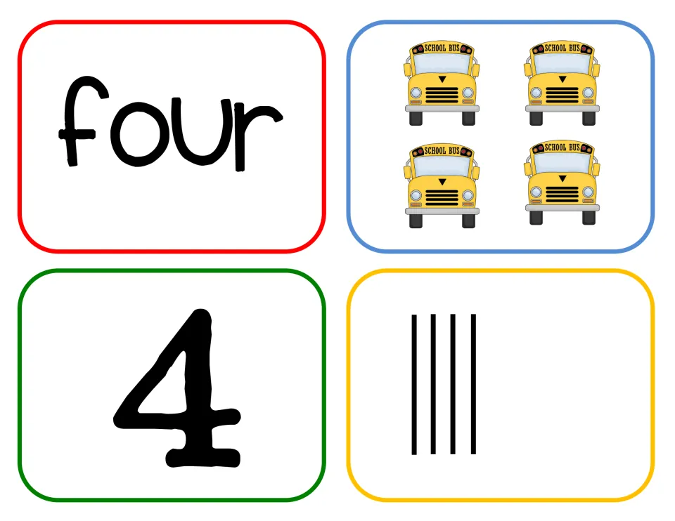 Number four cards: students count four school buses, then match them to the word four, numeral 4 and four tallies