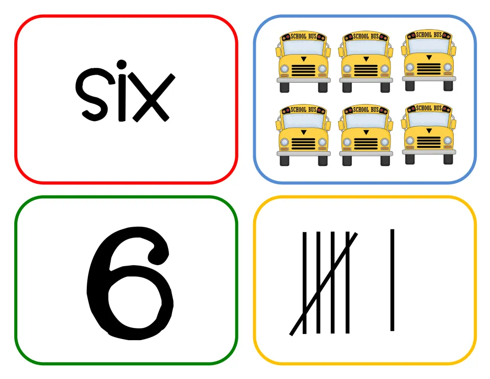 Number six cards: students count six buses and match them to the word six, the numeral 6 and a tally of five plus one